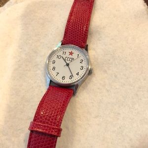 ladies watch with white dial and red strap